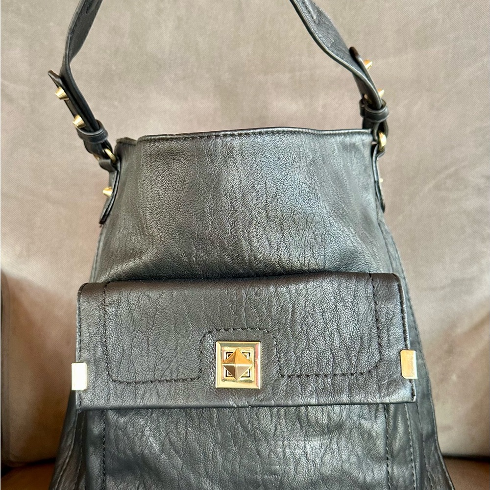 Jessica Simpson Black Leather Shoulder Bag with Gold Accents